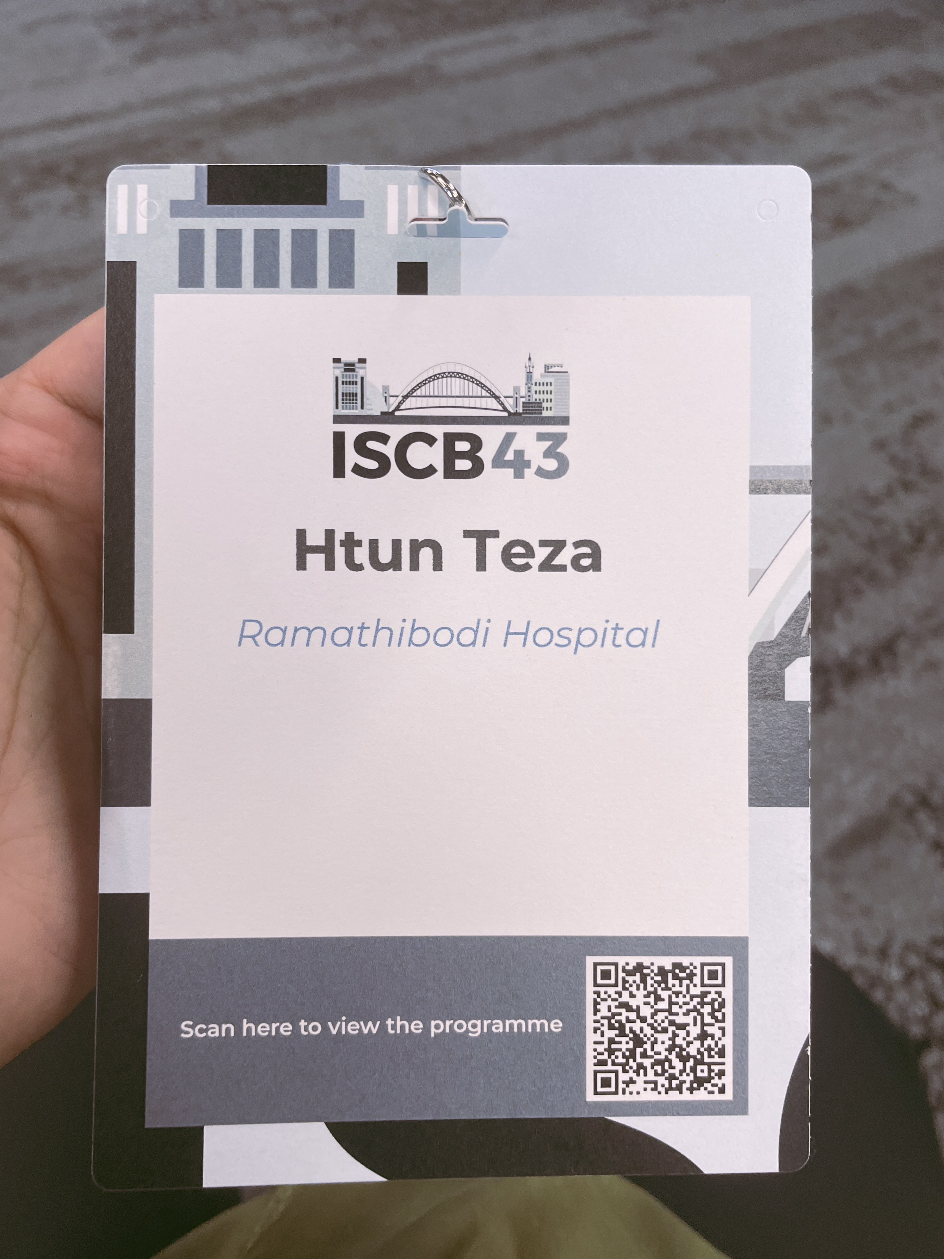 Photo of the badge given to Htun Teza by ISCB